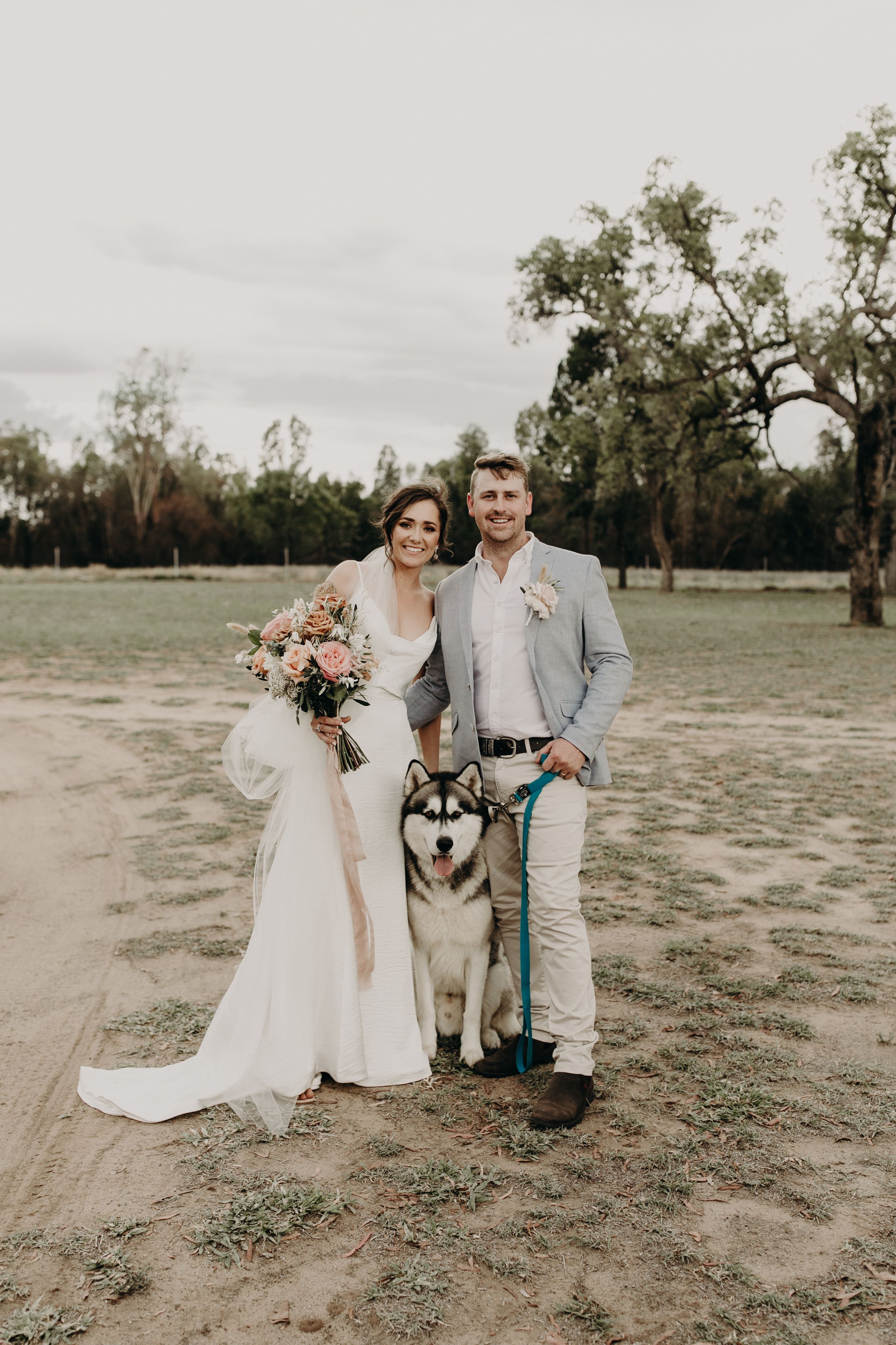 Wedding couple poses in a field with their husky dog wearing a blue leash.