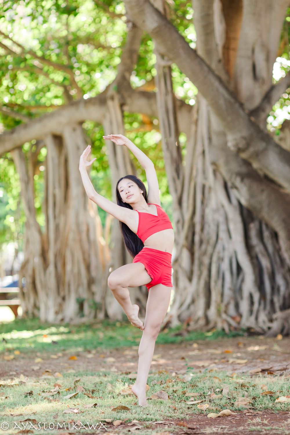 A dancer strikes an elegant pose in red athletic wear beneath a large banyan tree.