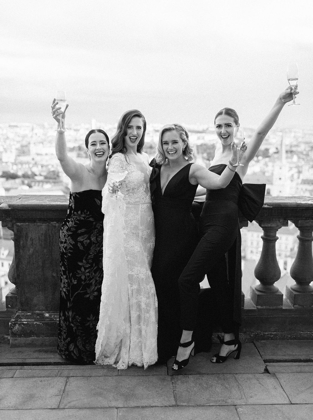 Wedding party in Prague: A joyful celebration of love in the heart of Prague, with the bride surrounded by friends.