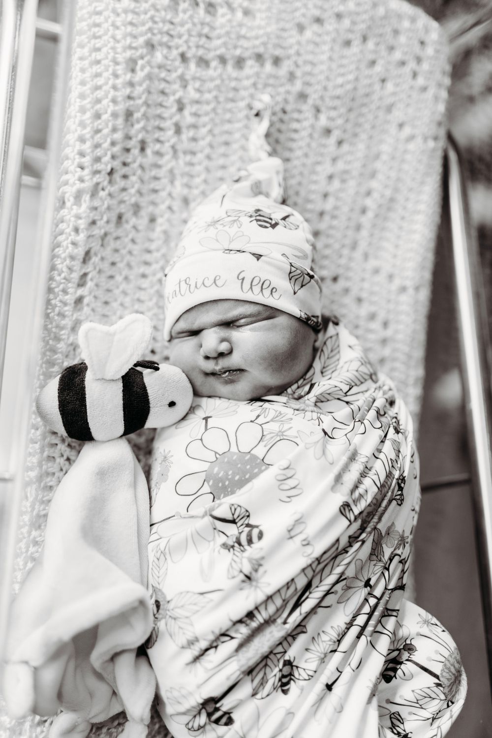 Swaddled newborn baby sleeping with a bee stuffed animal toy wearing a personalized name hat.