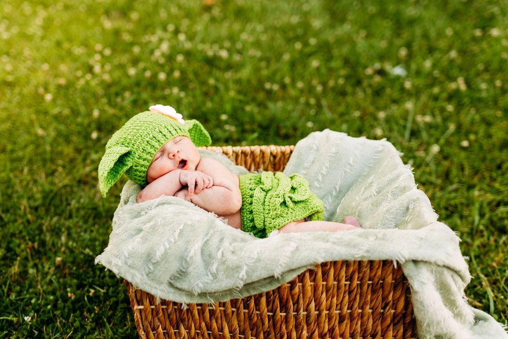 Sleeping newborn baby in green crochet frog hat and outfit nestled in wicker basket on grass.