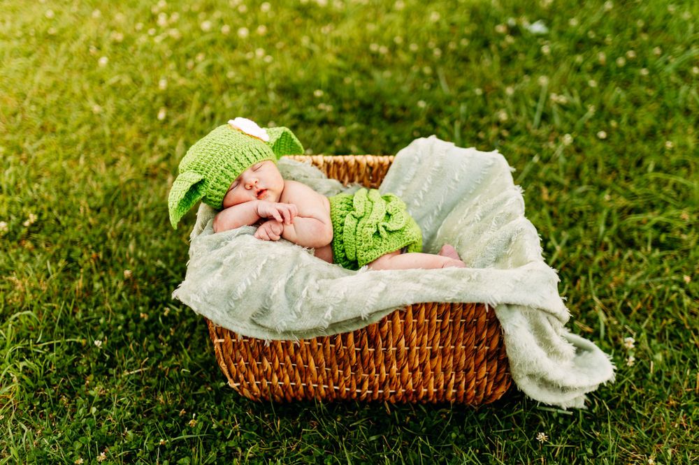 Newborn baby sleeping in green knit frog costume inside wicker basket on lush green grass.
