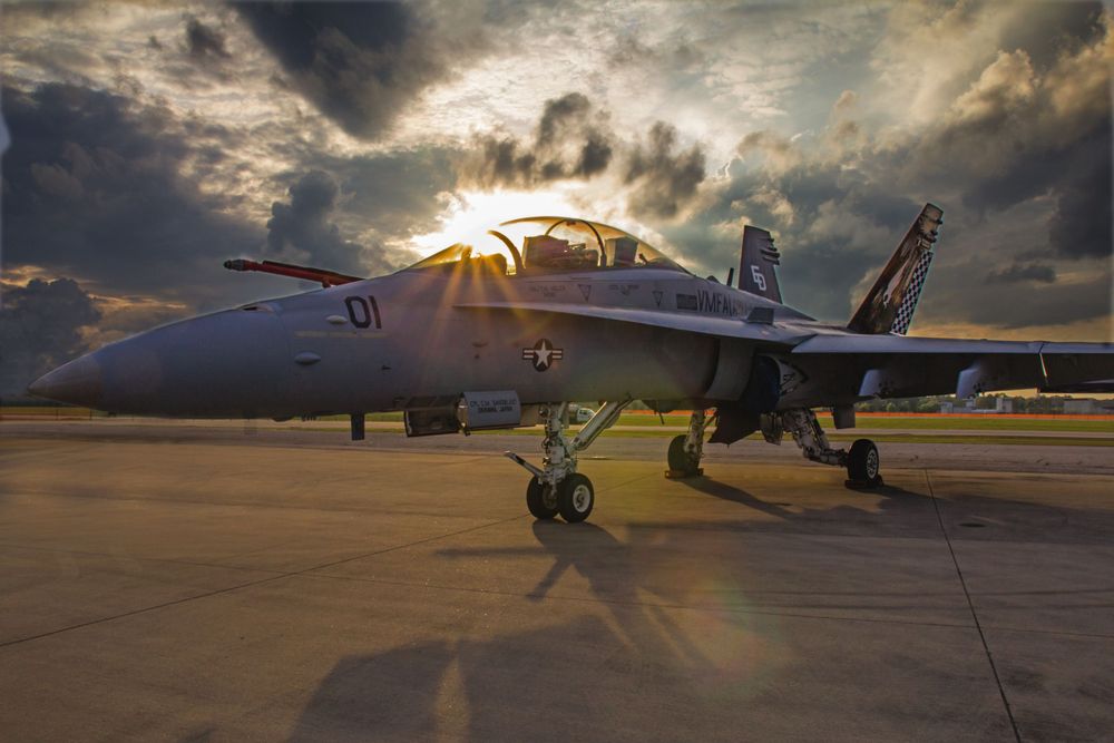 USMC F-18 Hornet in a Sunset Photo shoot depicting Aviation Photography