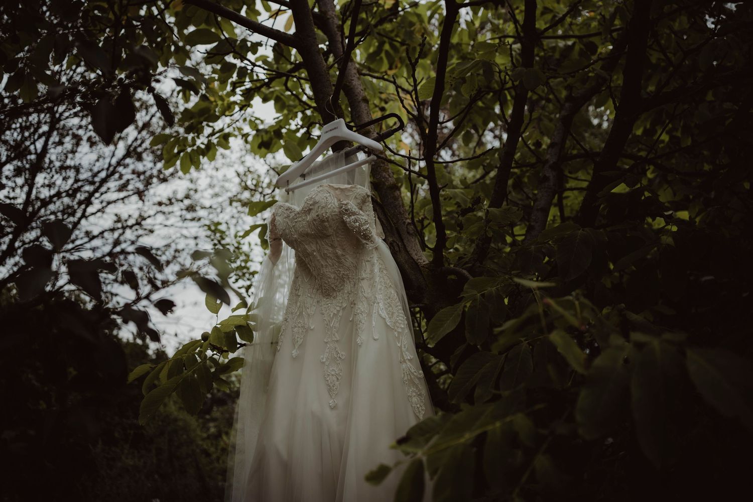 A detailed white wedding dress with lace bodice hanging in a dark garden setting.