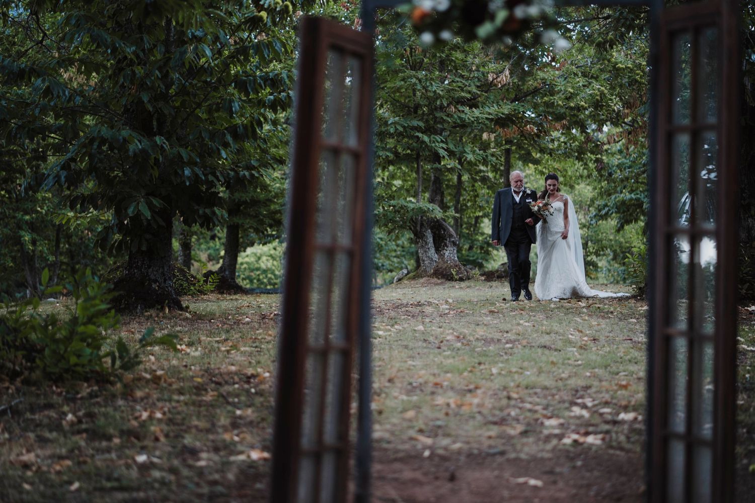 Distant view of wedding couple through rustic gate frames in wooded setting.