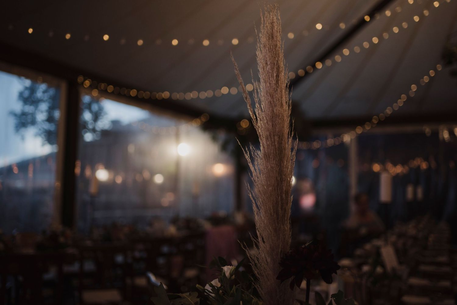 String lights create a dreamy atmosphere in an outdoor evening event setting.