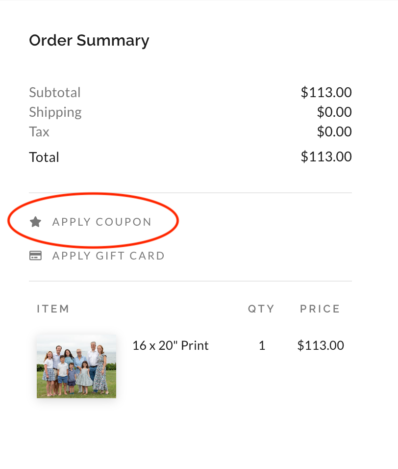 Checkout page showing order total and coupon code entry field.