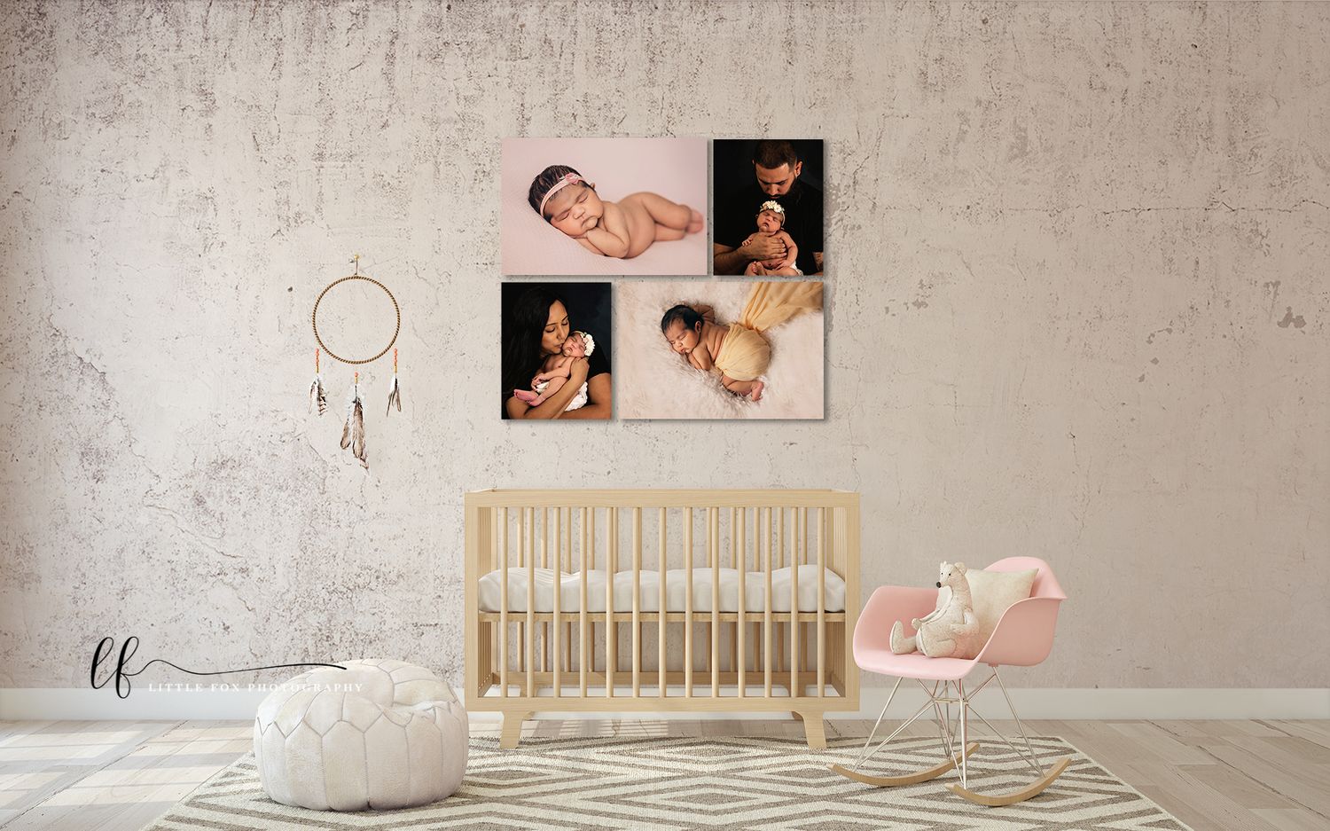 canvas wall art newborn portraits in nursery in Houston, Texas.