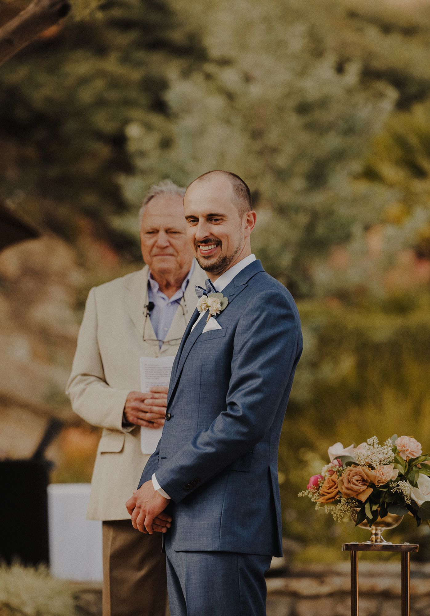 E Noelle Photography backyard wedding in Hidden Hills Los Angeles, groom at end of aisle