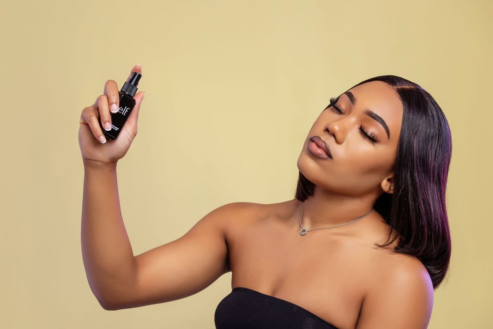 Woman in glamorous poses against beige background showing confident expressions.
