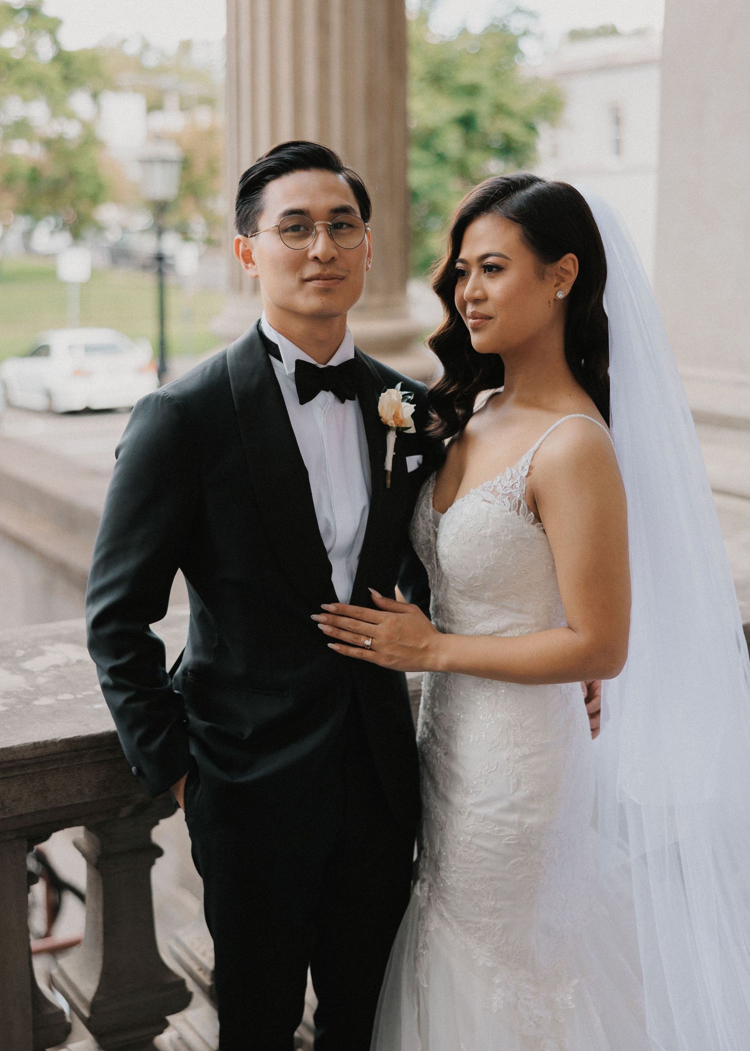 Classy Bride and groom embracing one another. Chic wedding