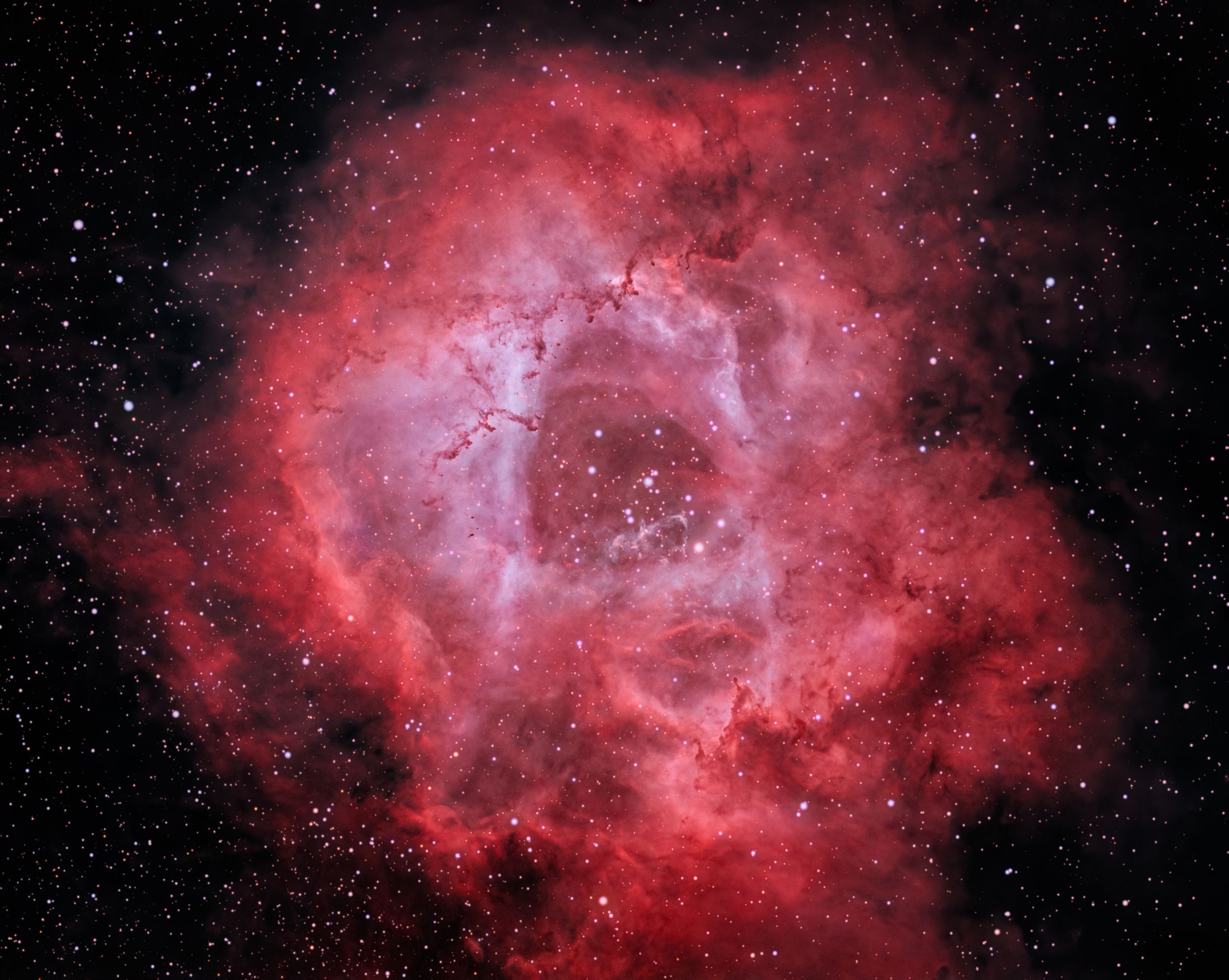 The Rosette Nebula glows with vibrant red hydrogen gas and dark dust lanes against a starry cosmic background.