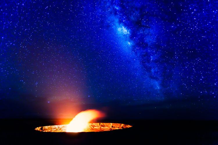 Milky Way over Halemaumau Crater, Hawaii Volcanoes National Park, Big Island, Hawaii Night Stars Lava