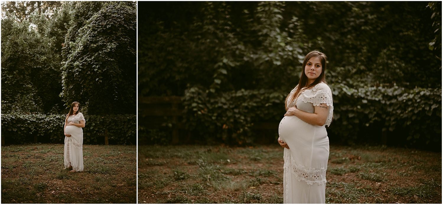 Two artistic maternity portraits of woman in white dress against lush garden setting.