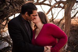 A romantic portrait of a couple embracing under a tree at sunset.
