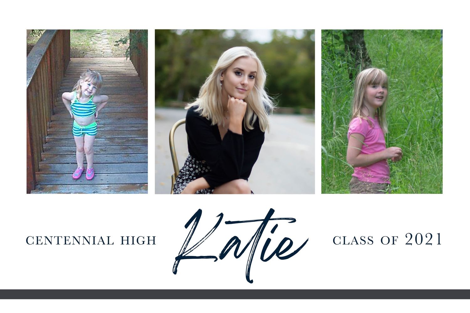 Three photo graduation announcement featuring grad photos and decorative text.