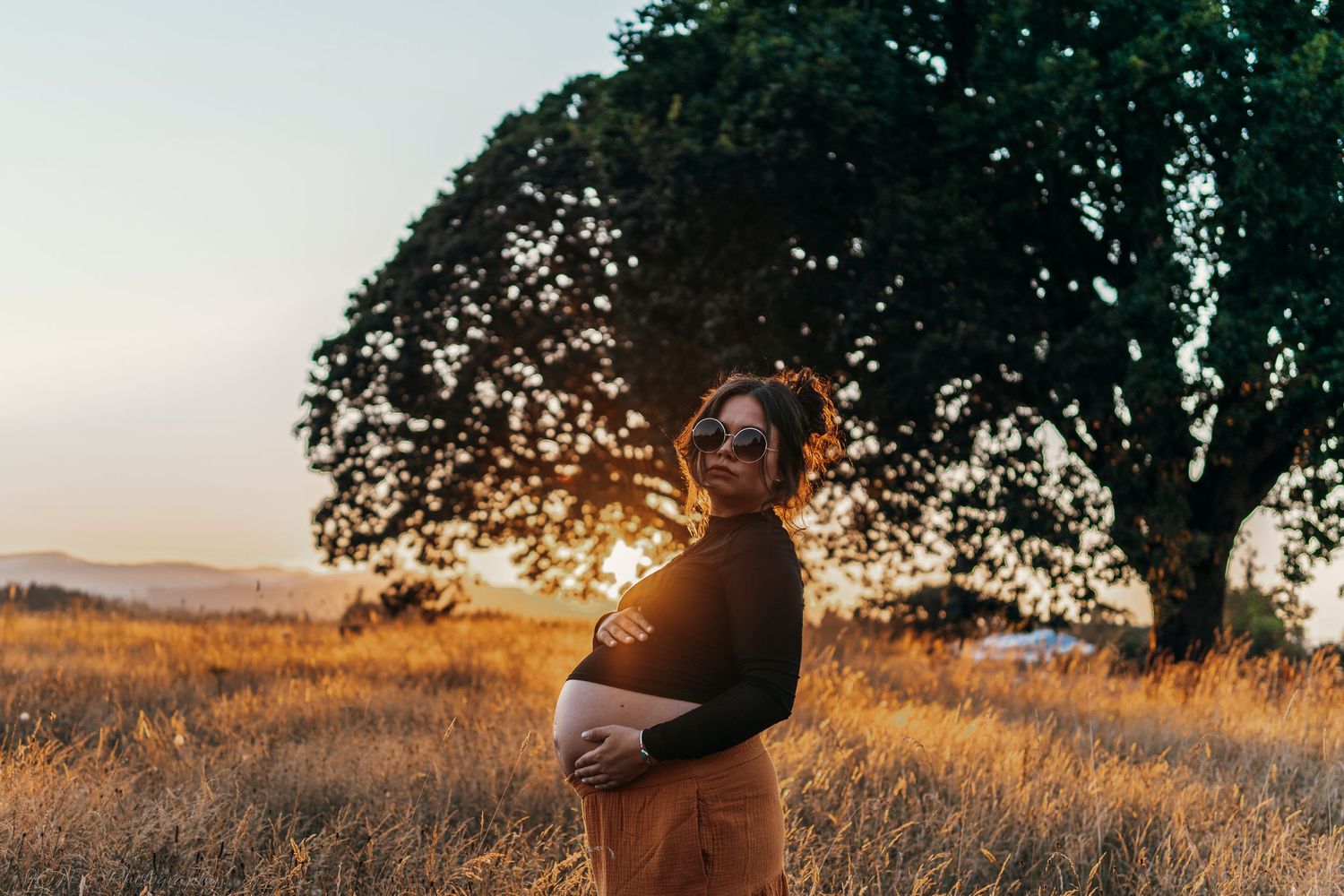 Silhouette of person in field at sunset with large tree in background.
