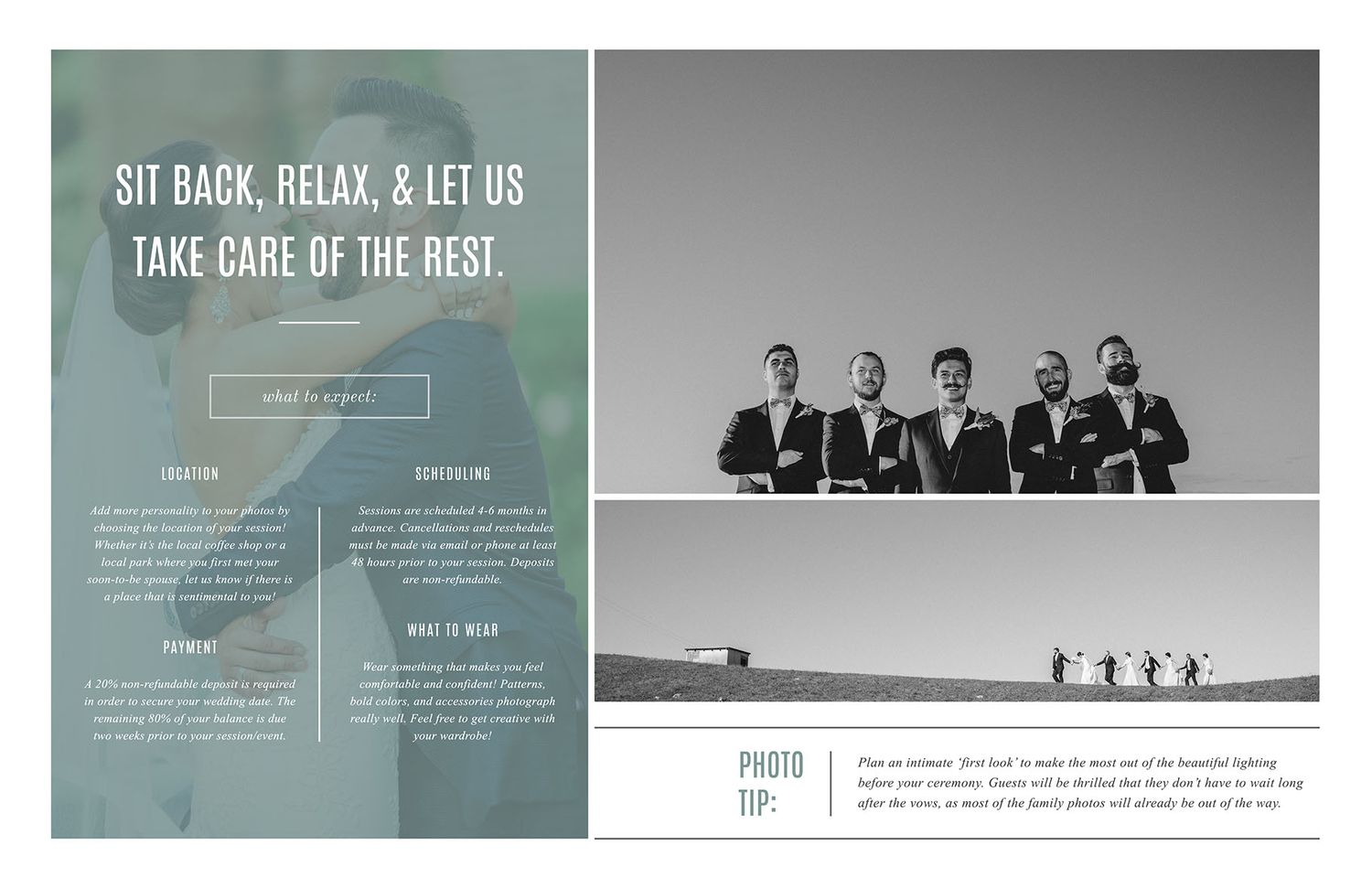 Clean minimalist photography website design with testimonial sections and portfolio galleries.