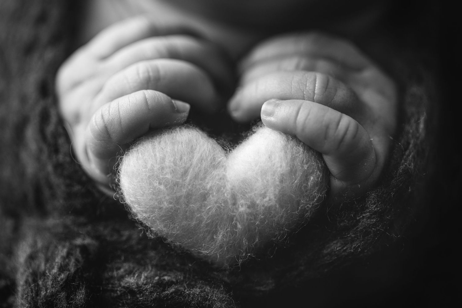 Close-up of small hands holding heart-shaped plush toy in black and white.