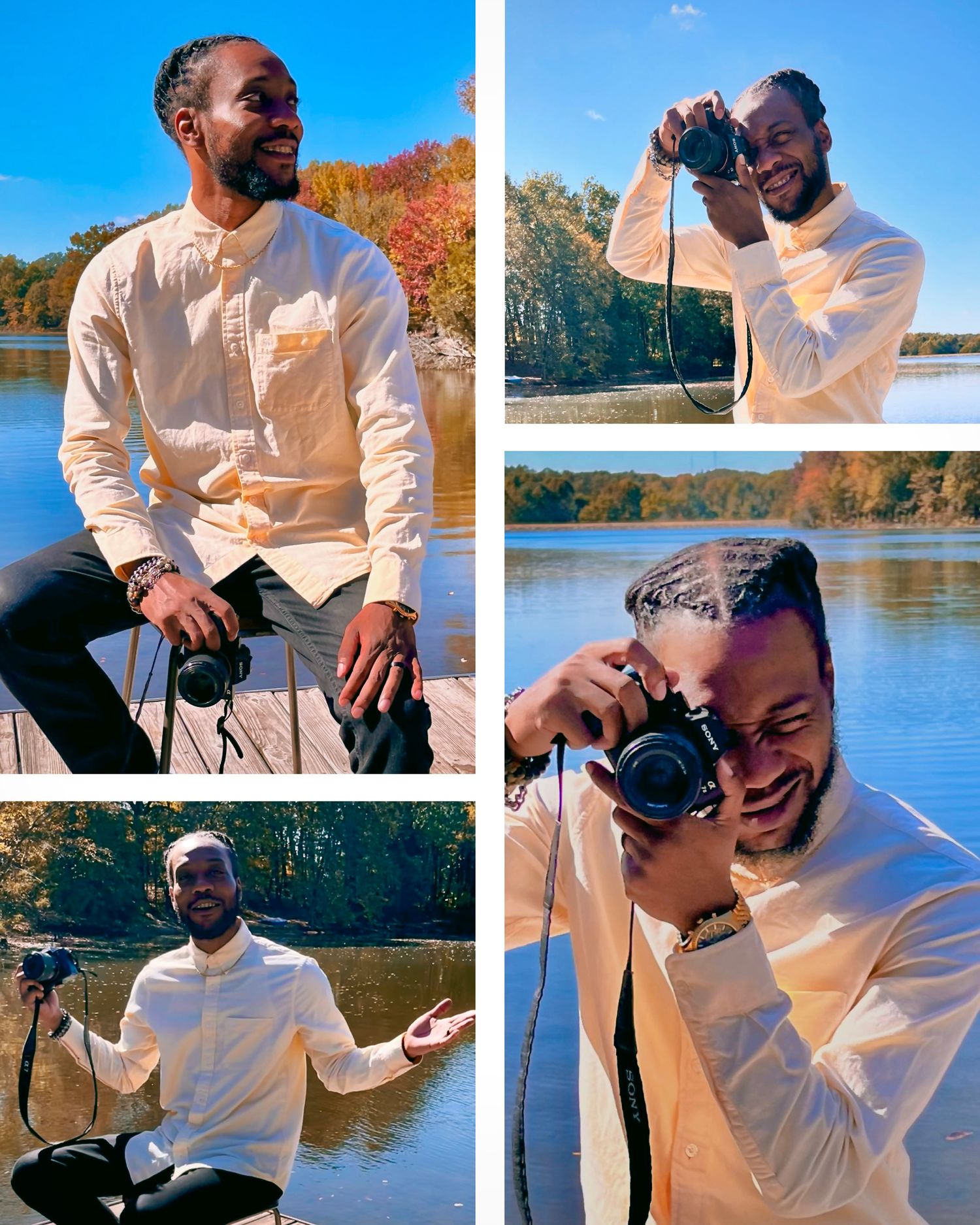 Collage of creative self-portraits of a photographer by a scenic autumn lake.