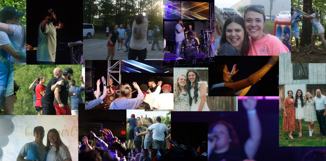 A collage of various event photos showing people at parties and outdoor gatherings with colorful lighting effects.