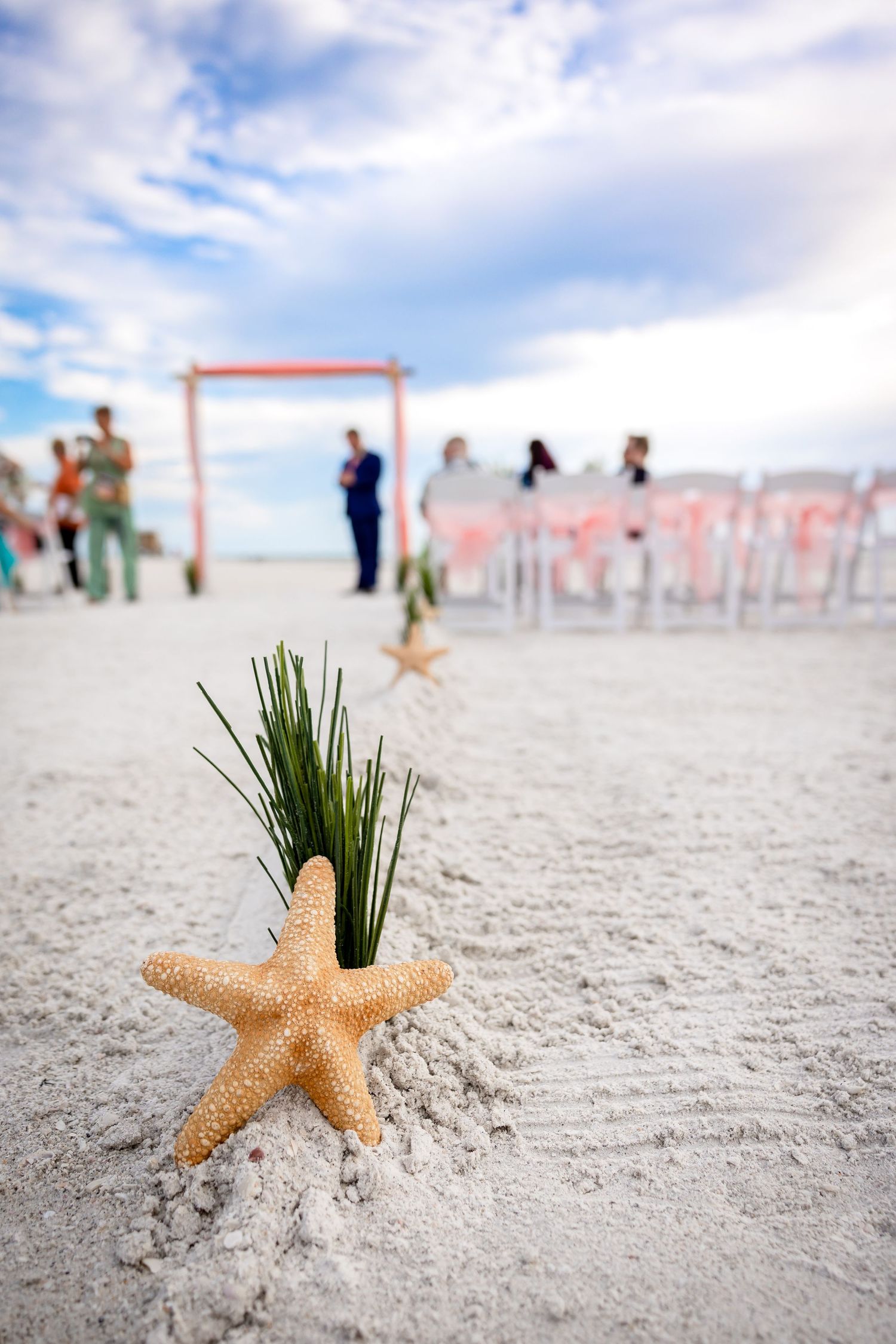 Starfish and beach grass decorate sandy aisle with coral wedding arch and guests blurred in background.