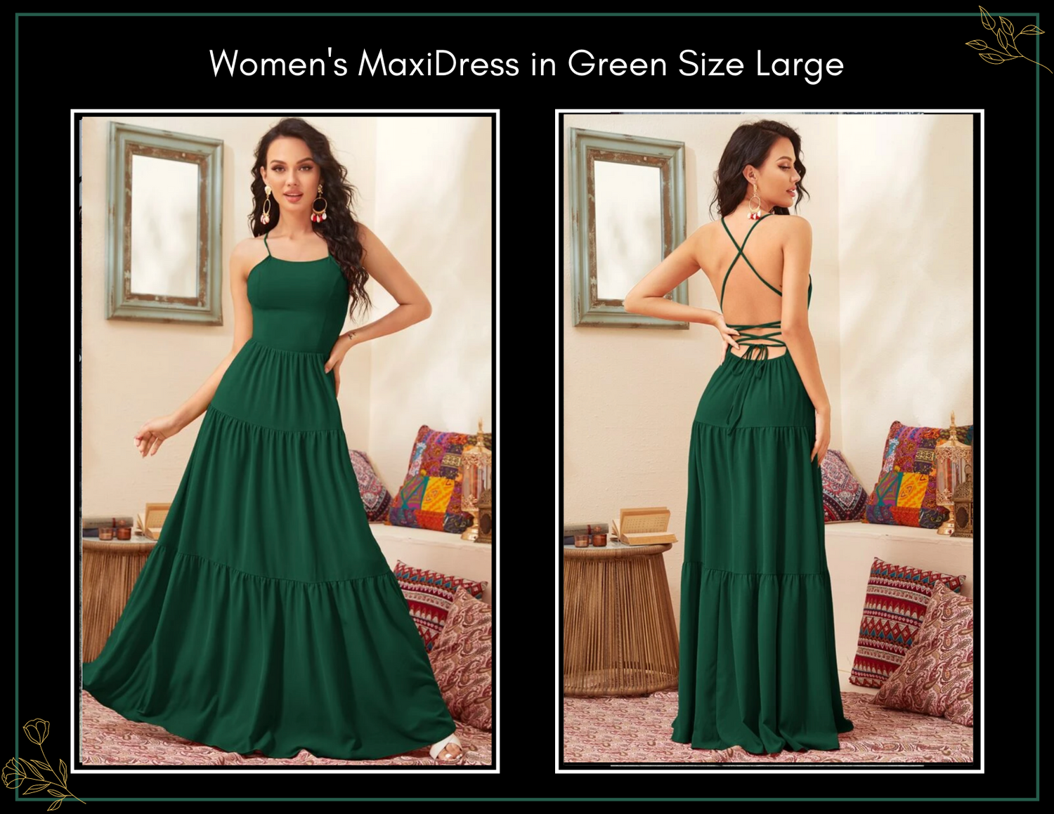 Women's green backless maxi dress size large, with criss-cross straps shown from front and back views.