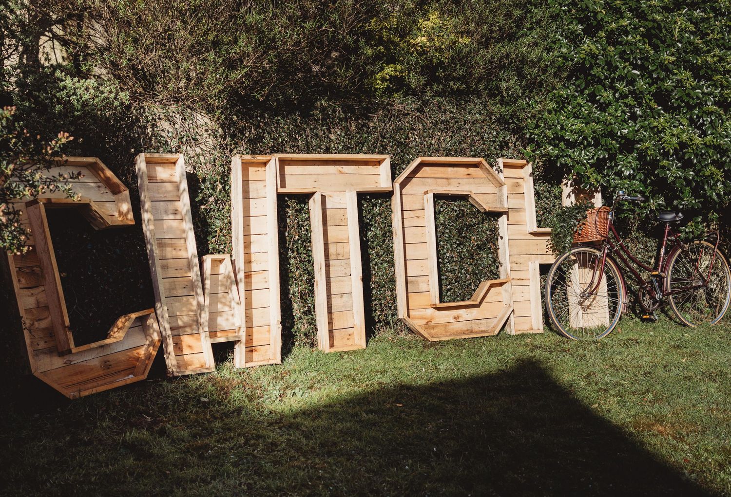 The word cwtch in 1.5 meter high wooden letters