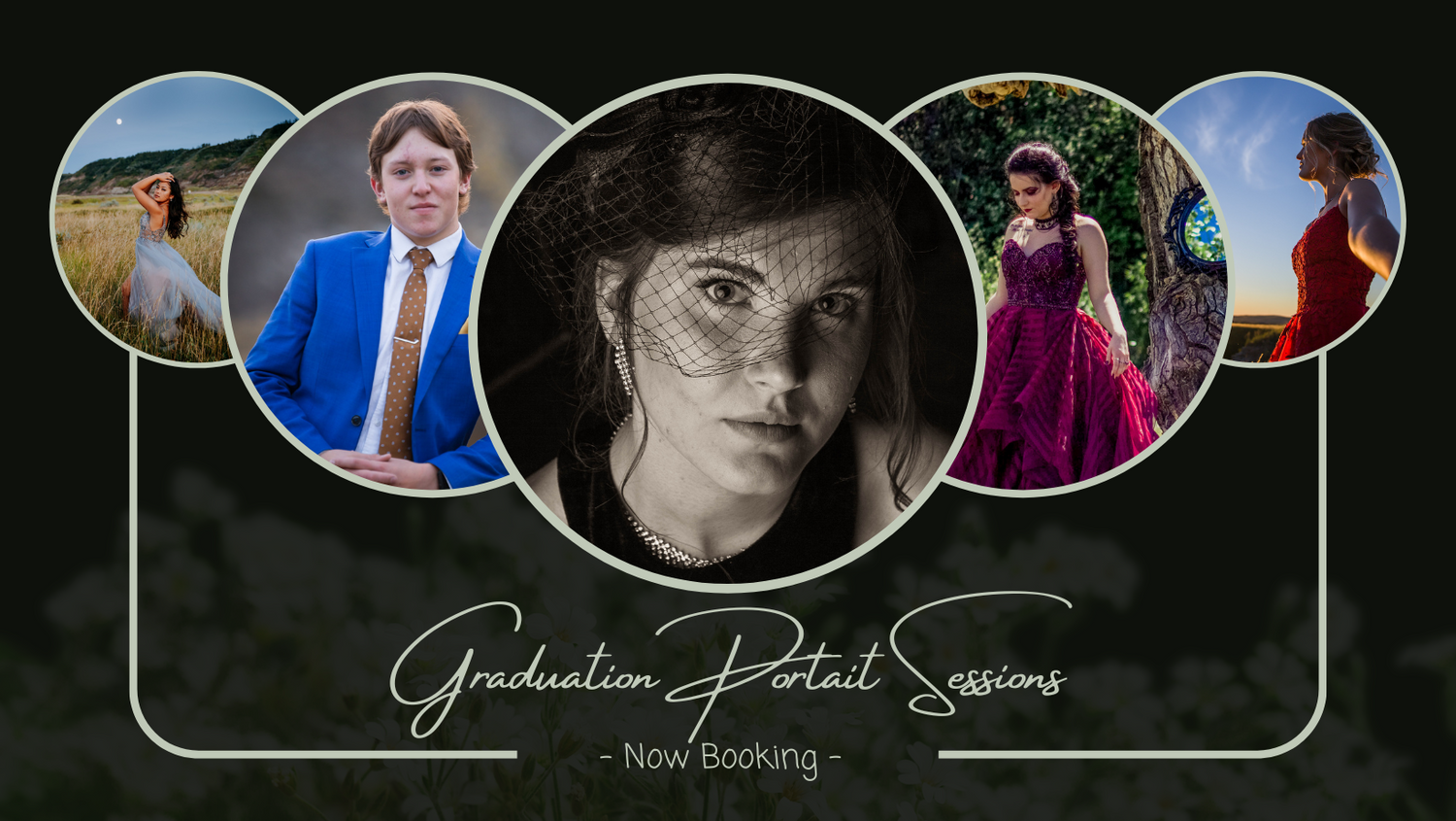 A promotional banner for graduation portrait sessions featuring circular photo samples on a dark background.