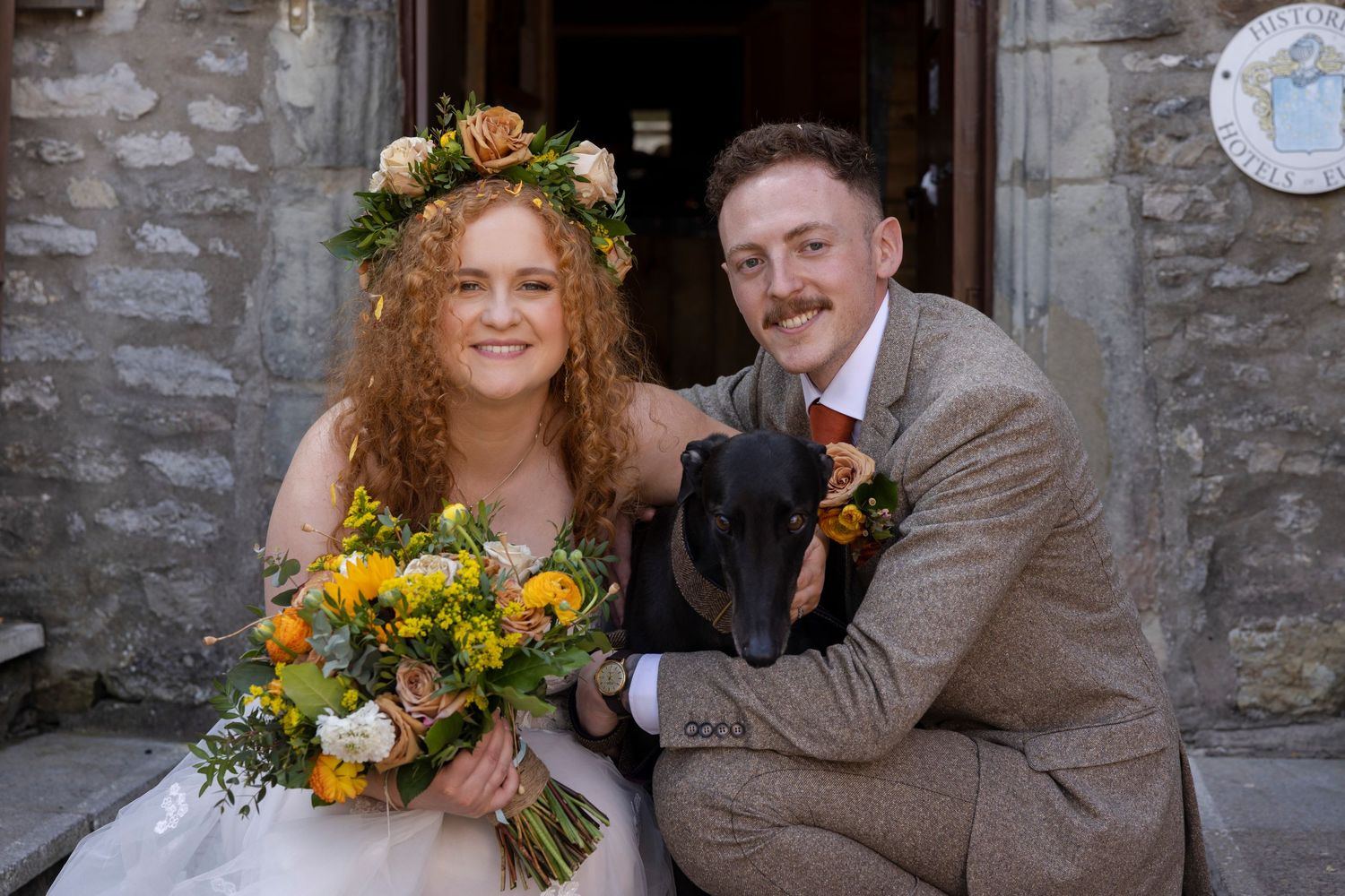 bride and groom and their dog at Great House