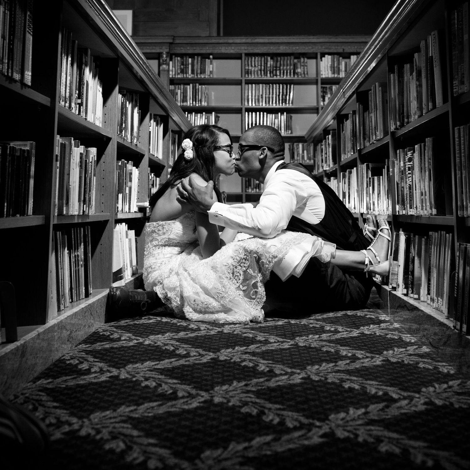 Wedding pictures among the stacks of books at the Central Library.