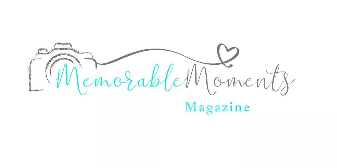 Magazine logo design for Memorable Moments in light teal text with heart accent.