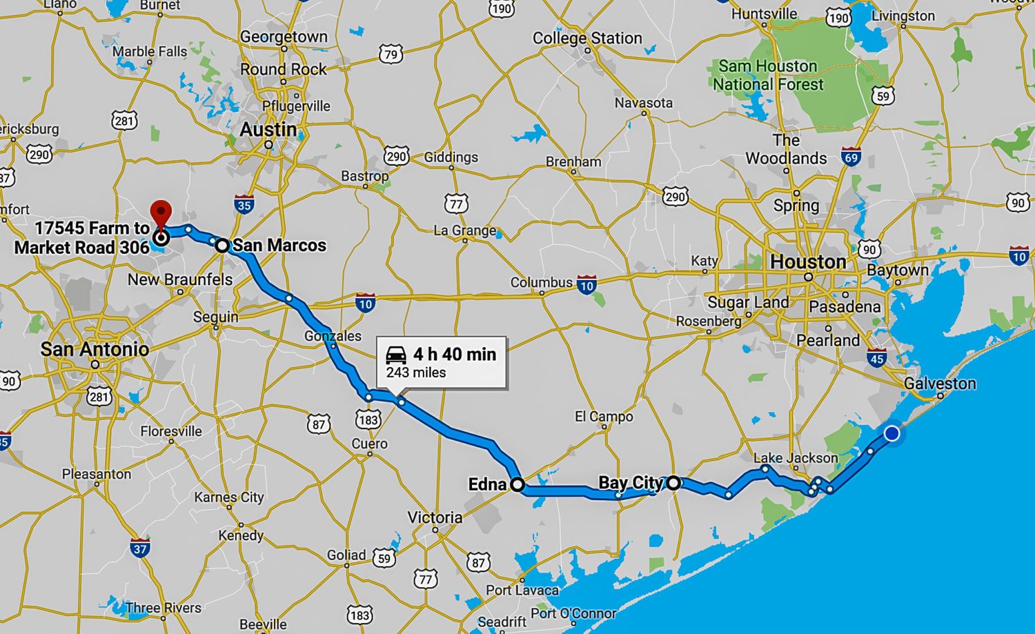Galveston, TX to Canyon Lake, TX