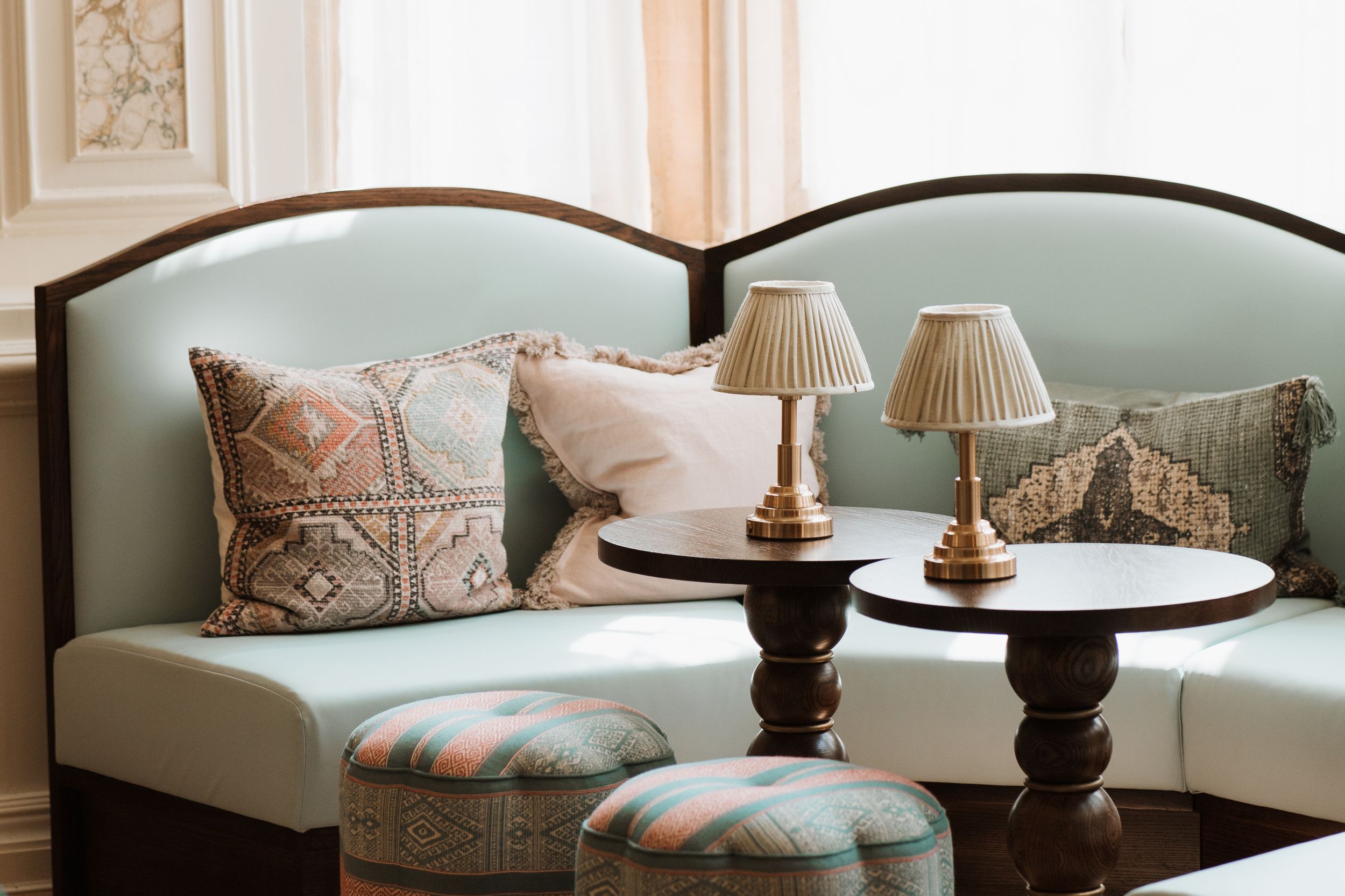blue sofa and mid century furnishings at kin house wiltshire