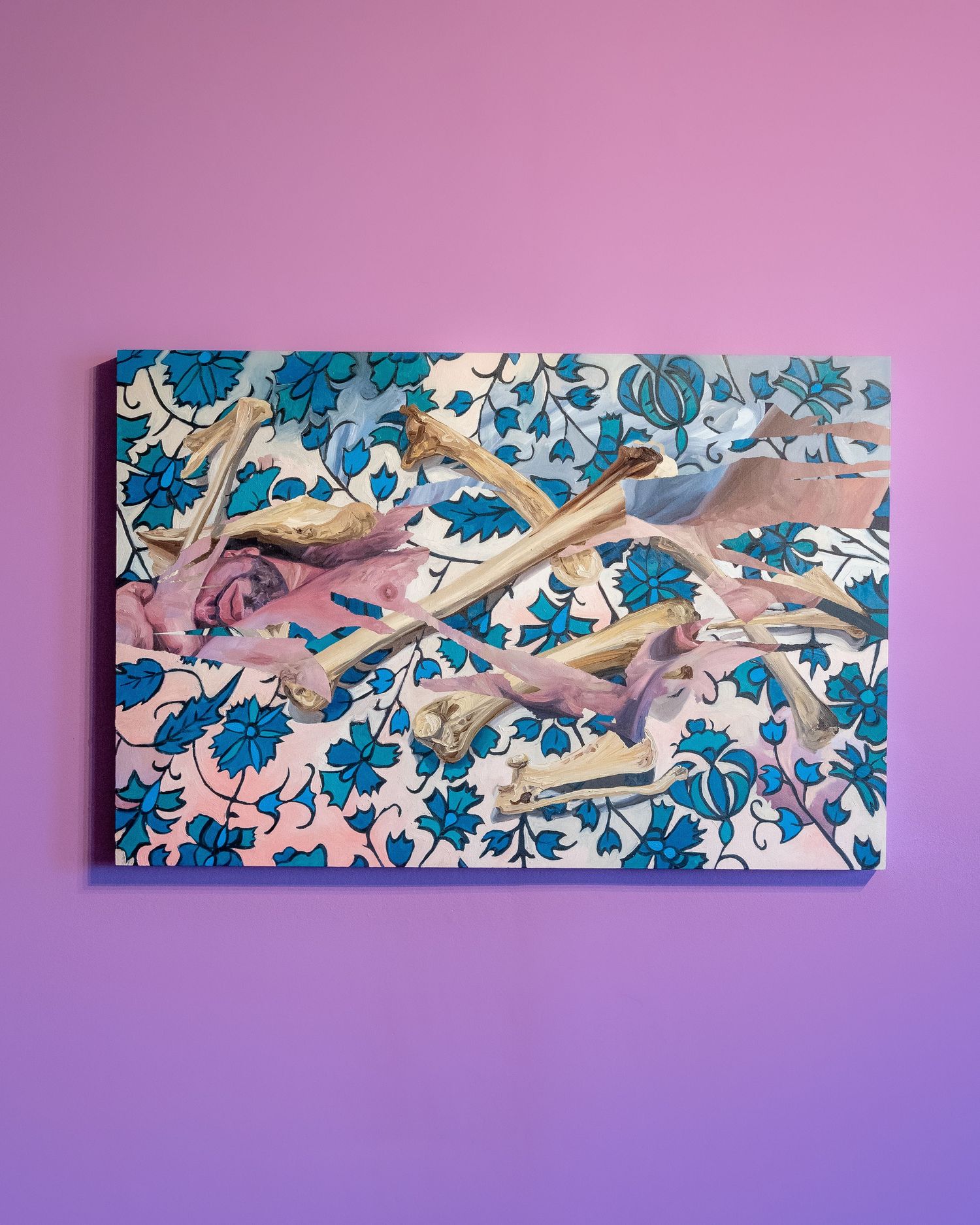 Long horizontal floral artwork in blue and pink tones mounted on purple wall.