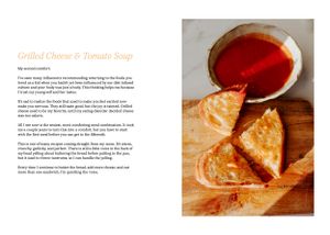 Step by step photos of grilled cheese sandwich preparation with tomato soup.