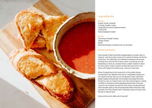 Grilled cheese sandwich with tomato soup on wooden cutting board with recipe instructions.