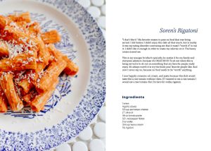 Blue and white plated rigatoni pasta dish with recipe ingredients list.