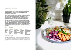 Recipe book spread showing buddha bowl with colorful vegetables and protein components.