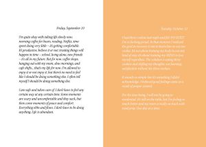 Two pages of a minimalist cookbook with text in orange and white on a peach background.