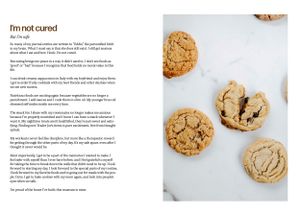 Homemade chocolate chip cookies on white surface with recipe text titled 'I'm not caving'.