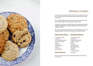 Golden brown cookies arranged on a blue and white plate with recipe instructions for Mommy's Cookies.