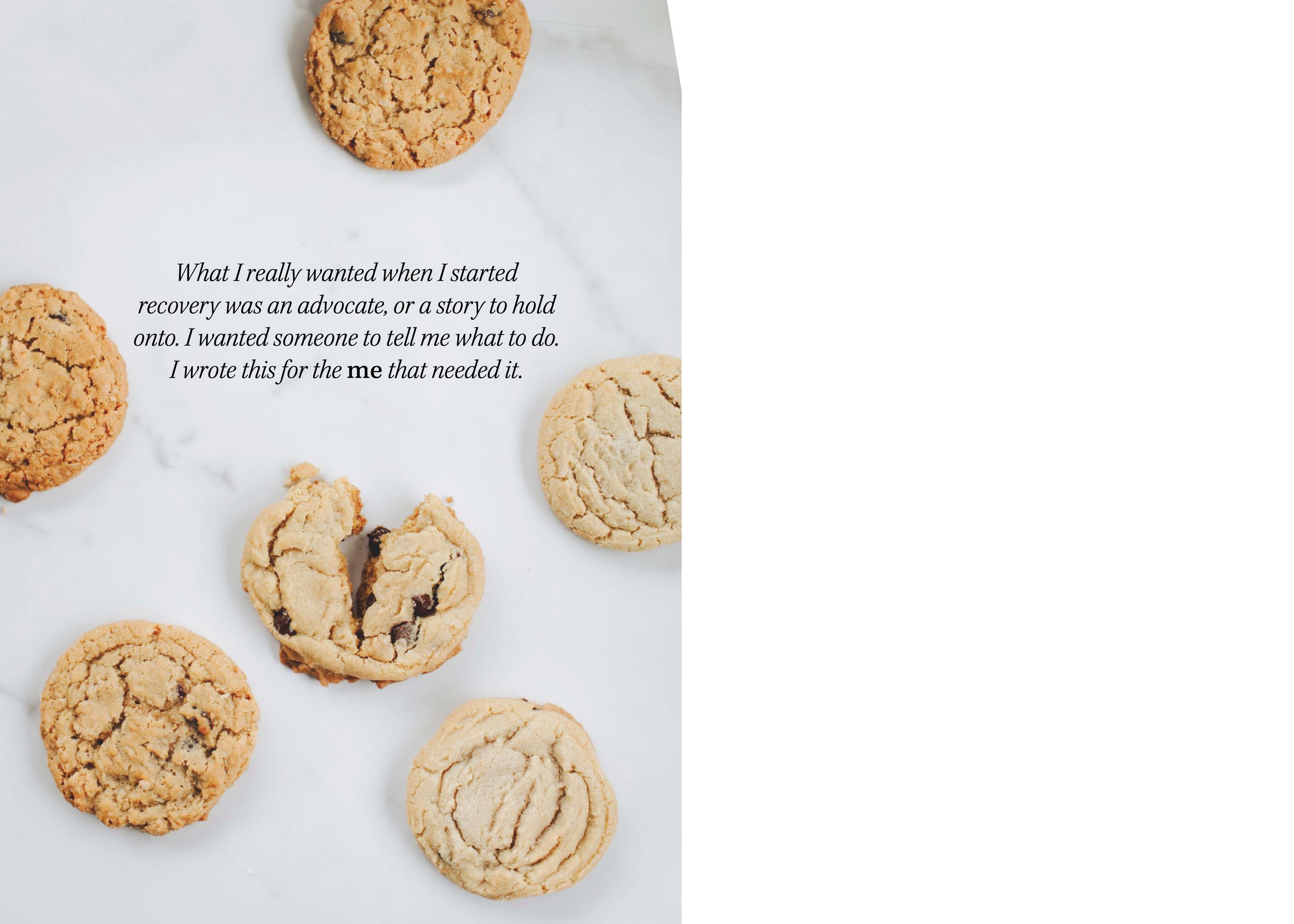Artfully arranged chocolate chip cookies on white background with inspirational text overlay.