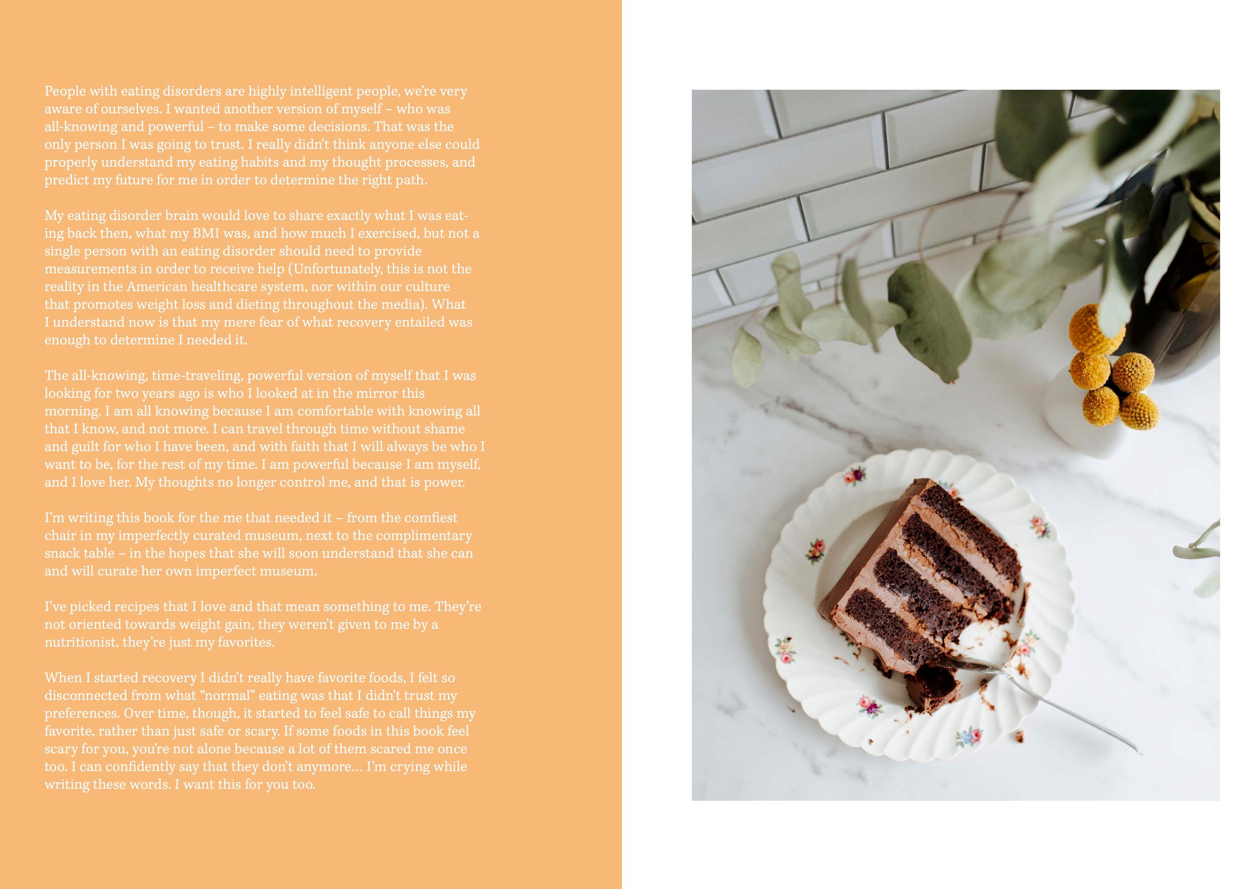 Magazine spread with orange text block and chocolate layer cake photo on white plate.