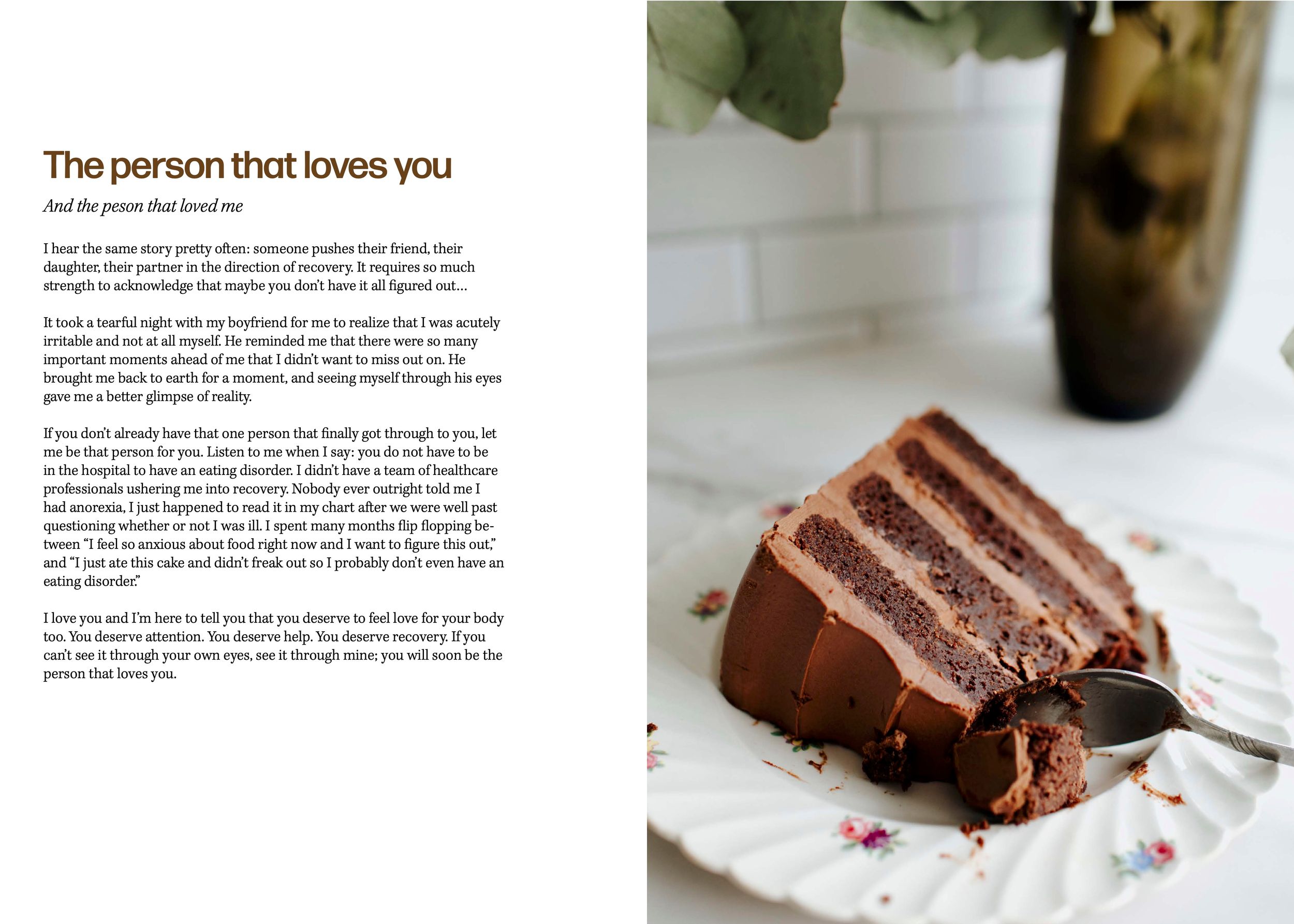 Book spread featuring text and a slice of chocolate layer cake on a decorative plate.