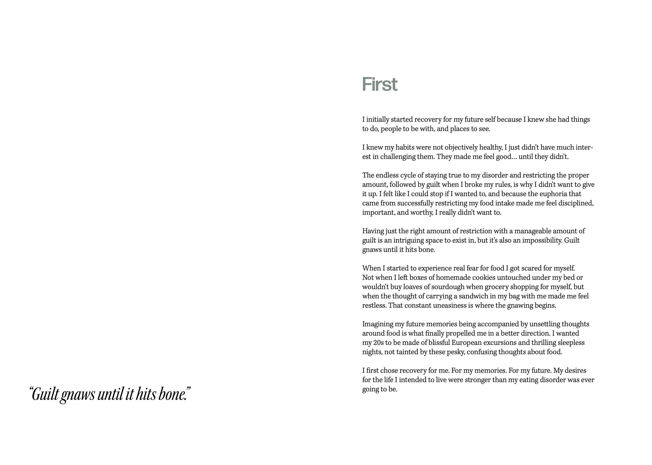 Book spread with quote 'Tell yourself I still have' and body text on white pages.