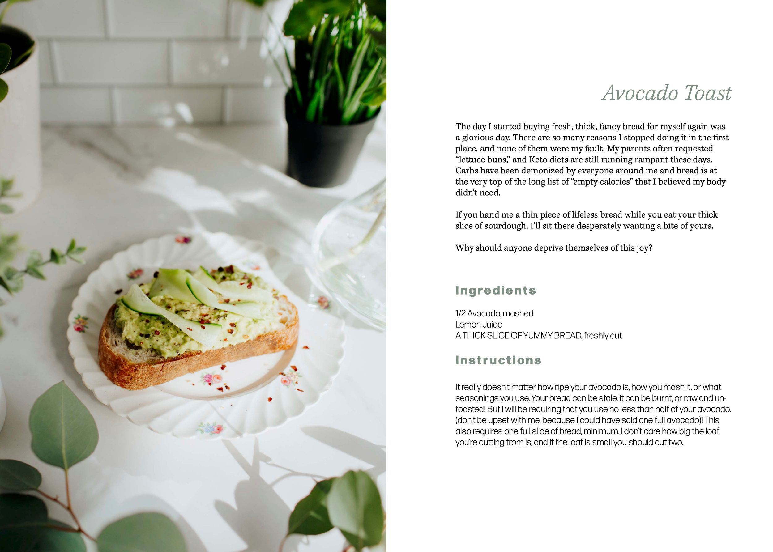 Recipe book spread showing avocado toast garnished with microgreens on white parchment paper.