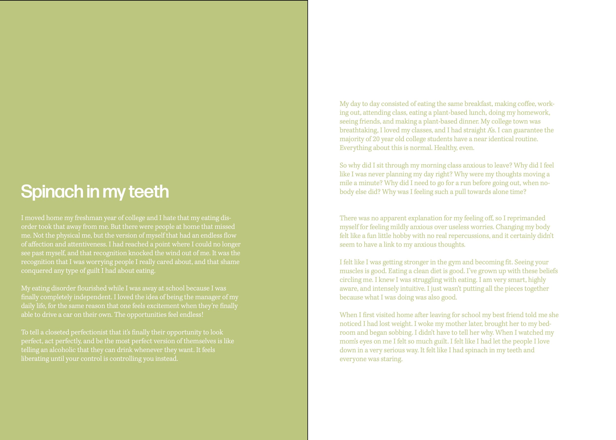 Book spread with lime green pages featuring text about spinach.