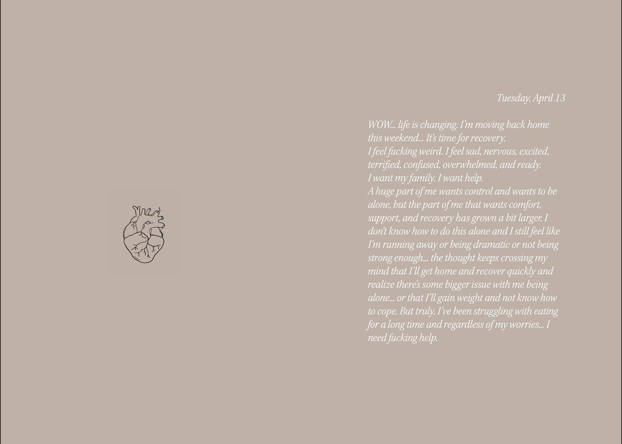 Minimalist book spread with small heart illustration and poetry text on beige pages.