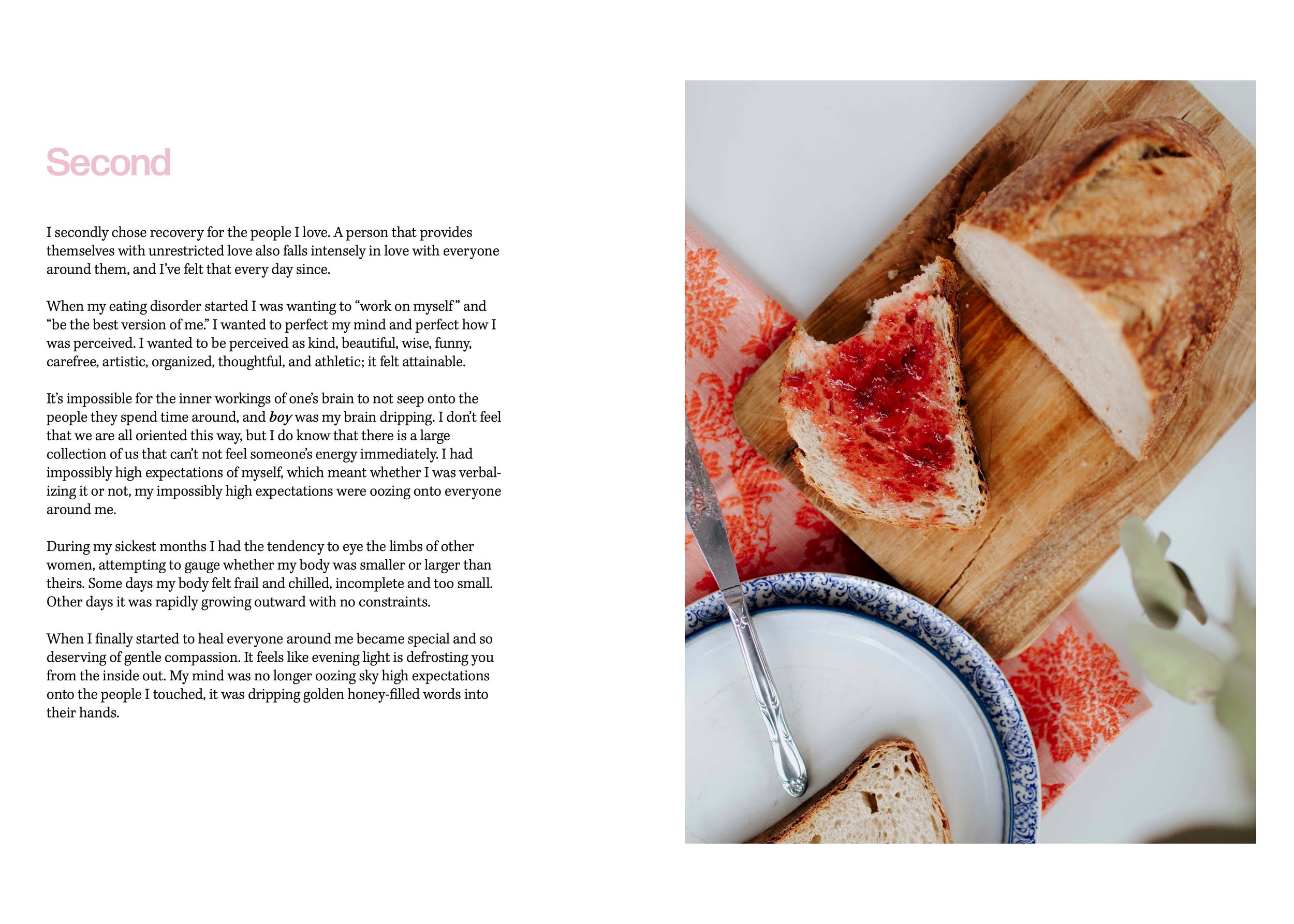 Cookbook spread showing text and an image of bread with jam on a wooden cutting board.